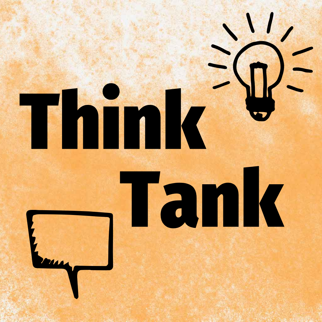 a textured tan background with black text "think tank" and a lightbulb graphic and a word bubble graphic